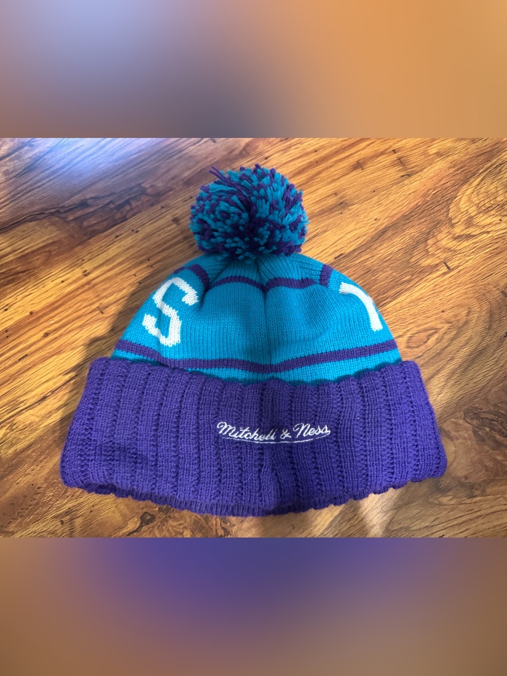 Mitchell & Ness Teal and Purple Pom Pom Beanie with Hornets Patch - Picture 2 of 2